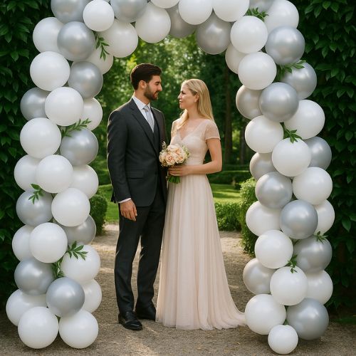 Brautpaar unter einem silber-weißen Ballonbogen im Garten – romantische Ballondekoration Hochzeit Frankfurt