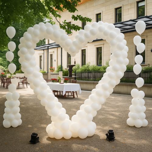 Herzförmiger Ballonbogen aus weißen Ballons vor einer Eventlocation – Hochzeitsdekoration in Frankfurt