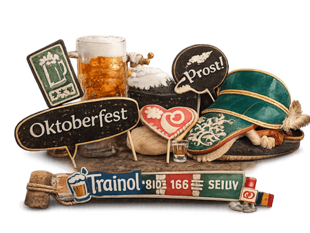 Fotobox Oktoberfest Props mit Bierkrug, Trachtenhut und Prost Schild