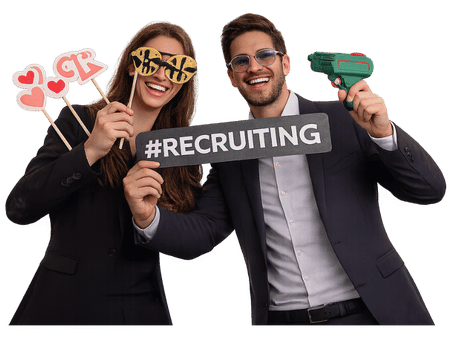 Fotobox Recruiting Props für Firmenfeier mit Hashtag Schild und Business Accessoires