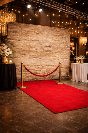 Fotobox Hintergrund Steinwand mit rotem Teppich für Gala Events und Firmenfeiern