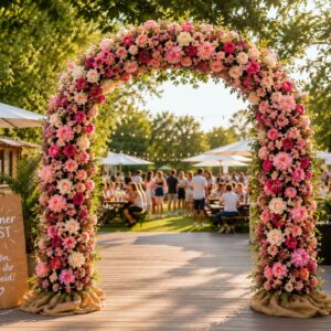Floraler Bogen mit rosa und weißen Blumen als dekorativer Eingangsbereich für Veranstaltungen