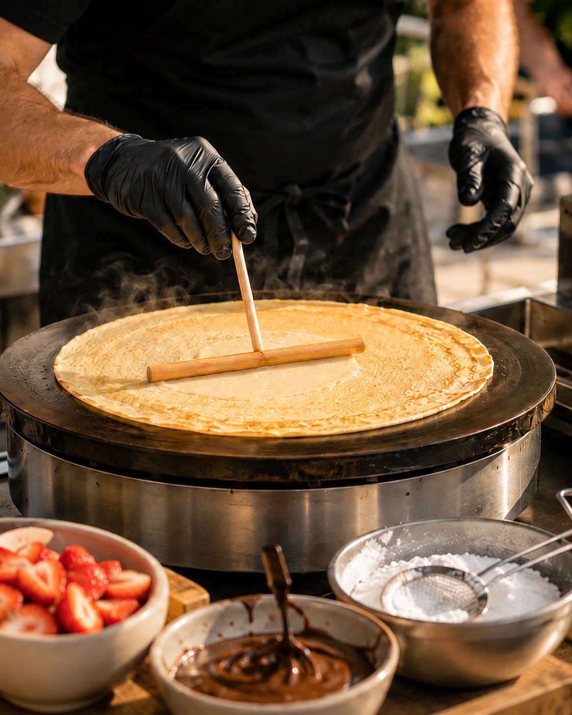 Crêpe wird auf einer heißen Platte frisch vor den Gästen gebacken