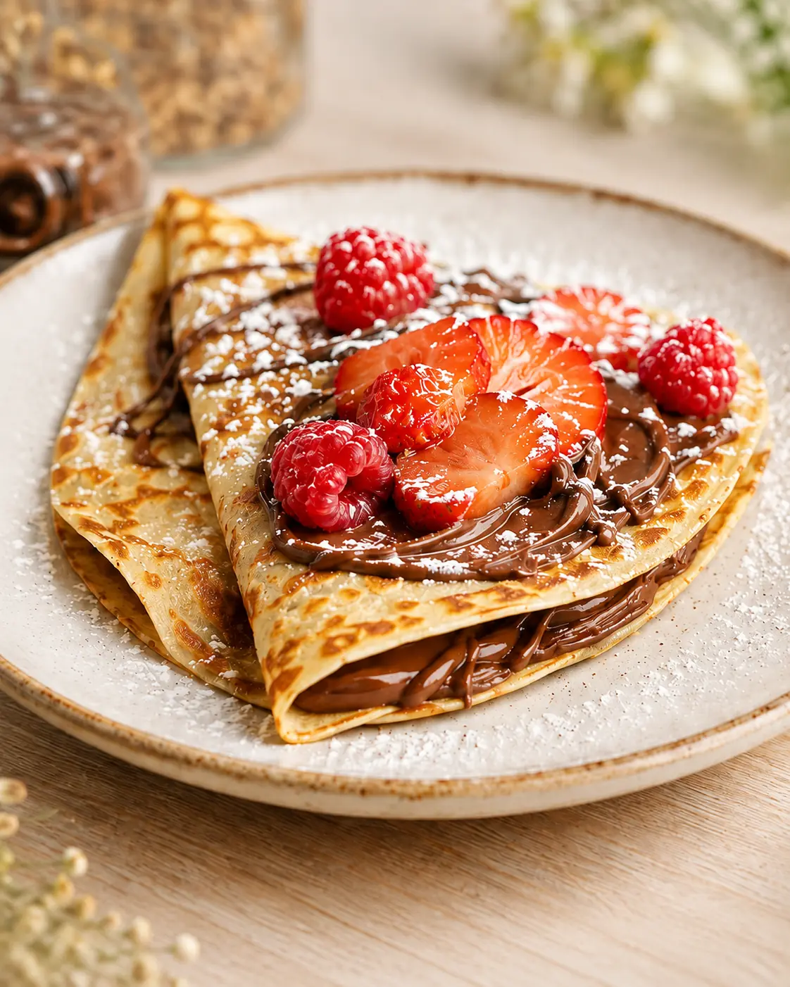 Frische Crêpes mit Schokolade, Erdbeeren und Himbeeren